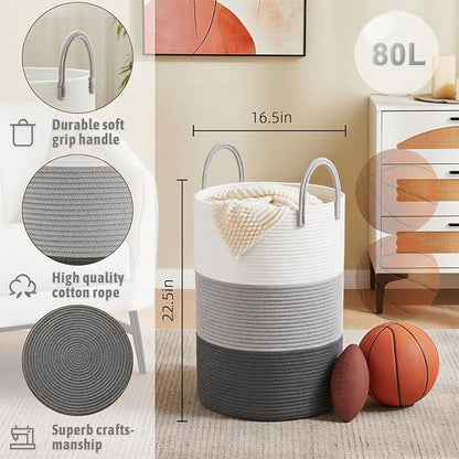 Laundry Basket,Woven Cotton Rope Laundry Hamper,80L for Decorative Storage of Dirty Clothes,Toys and Blankets in Bathroom,Bedroom and Living Room