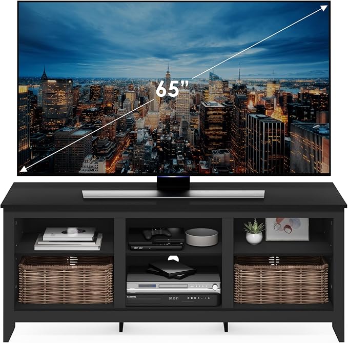 Furinno Jensen TV Stand for TV up to 65 Inch, 2-Tier Black Entertainment Center, TV Console with Cable Management, for Living Room, Bedroom, Dark Americano