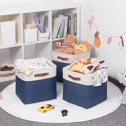 HNZIGE Baskets Fabric Storage Cubes Bins Baskets(3 Pack) Storage Baskets Cube for Shelf, Large Collapsible Organizer Closet Baskets,13x13 Toy Baskets with Leather Handle(White&Blue)