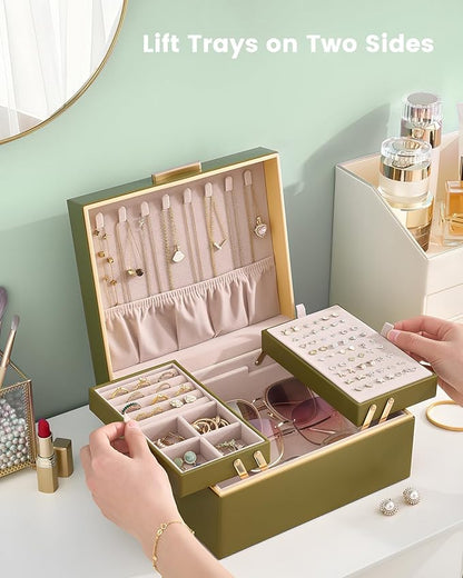 Lolalet Jewelry Box Organizer for Women Girls, 2 Layer Jewelry Organizers and Storage for Necklace Earrings Rings Bracelets, Large Jewellery Holder Case Birthday Gifts -Olive Green