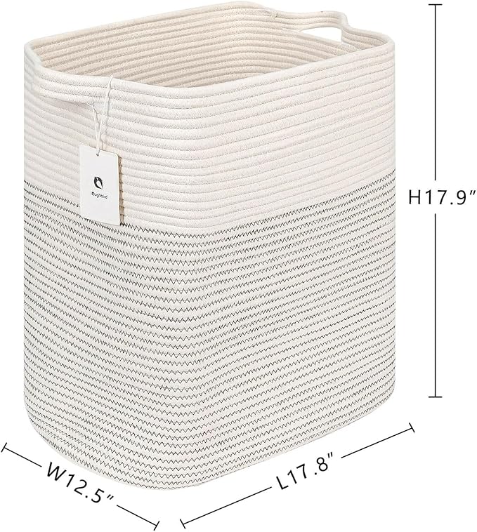 Laughbird Storage Baskets for Clothes Fabric Cotton Rope Storage Basket with Handles, Decorative Woven Basket for Living Room,Closet Organizer Blankets, and 2bags (White/Black Line, L17.8×W12.5×H17.9)