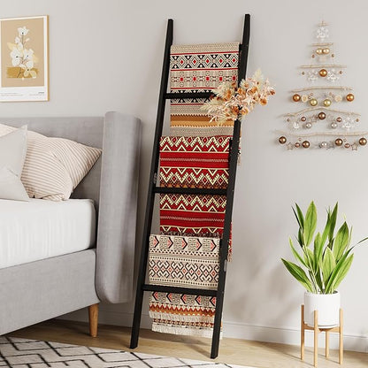Bamboo Towel Rack 6-Tier Blanket Ladder for Living Room, Bedroom, Bathroom Space-Saving Decorative Ladder for Quilts, Towels and More Black