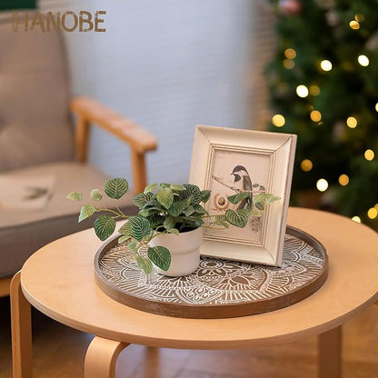 Hanobe Large Round Decorative Tray: Boho Coffee Table Trays Centerpiece for Home Decor - Rusti Brown Farmhouse Serving for Women Kitchen Counter Ottoman
