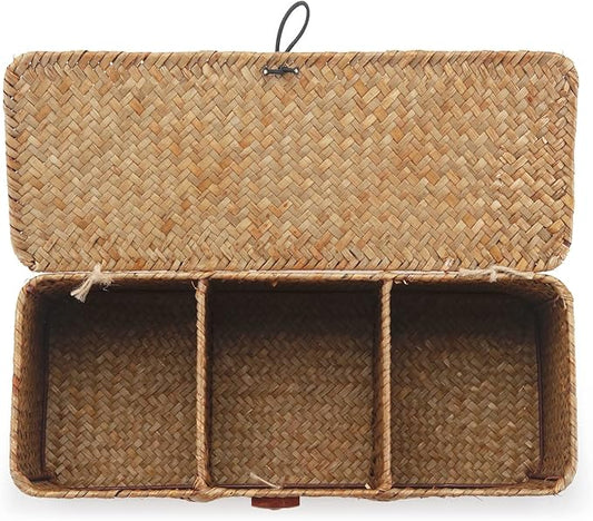 Seagrass Tank Basket with Lid Woven Toilet Roll Storage Basket with Sections Rectangular for Organize Snack Toys Tampon (Large Compartment 16.5inch L x 5.5inch W x 5.5inch H) Natural