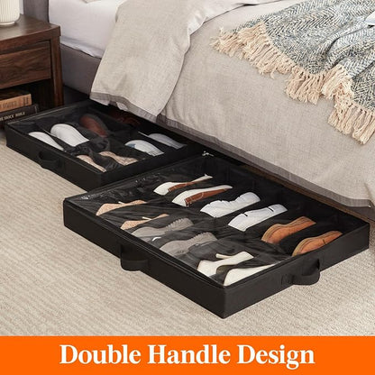 Lifewit Under Bed Shoe Storage Organizer 1 Pack(12 Shoes Cells+4 Boots Cells), 4.3 Inches Profile Fabric Shoes Container Box with Clear Cover, Foldable Storage Bag with 2 Handles, Fits 10 to 16 Pairs