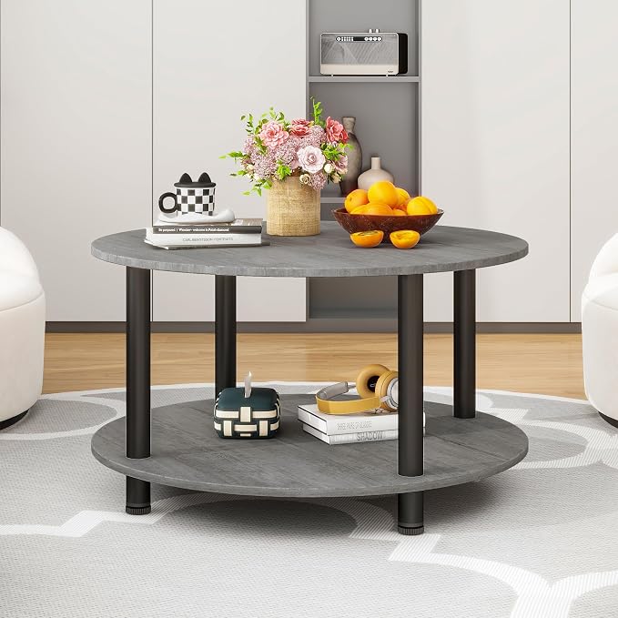 23.6" Round Coffee Table, 2-Tier Small Circle Coffee Table with Storage, Modern Center Accent Table with Metal Frame, Side Table End Table for Small Space, Living Room, Office, Grey