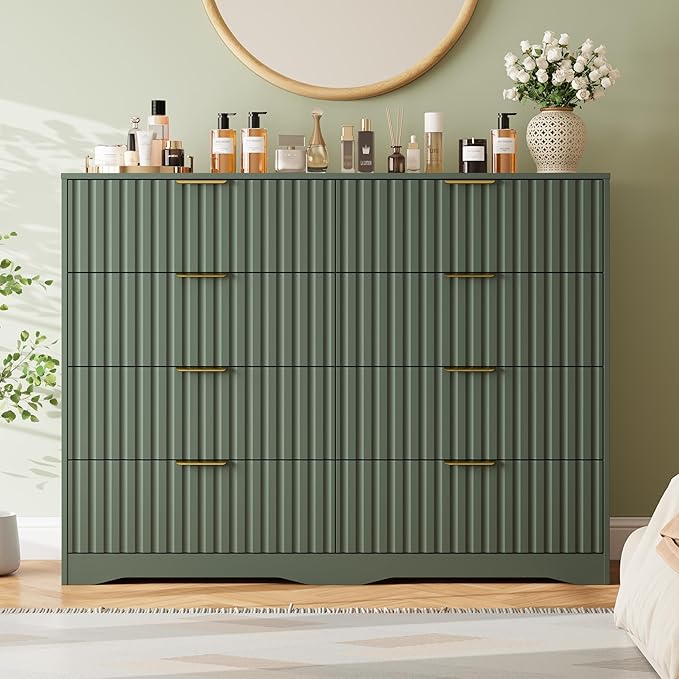 Fluted 8 Drawers Dresser for Bedroom, 55" Wide Wood Dressers Chest of Drawers with Metal Handle, Modern Dresser Storage Organizer for Living Room, Green