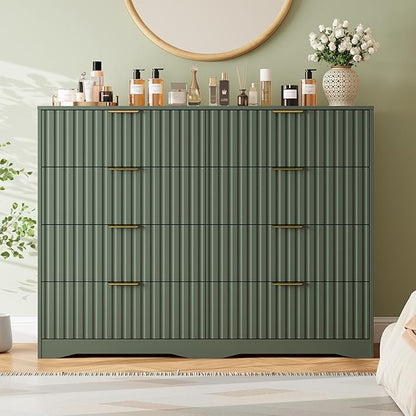 Fluted 8 Drawers Dresser for Bedroom, 55" Wide Wood Dressers Chest of Drawers with Metal Handle, Modern Dresser Storage Organizer for Living Room, Green