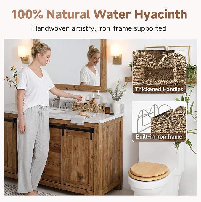 StorageWorks Small Wicker Scalloped Baskets for Bathroom Decor, Long Narrow Decorative Seagrass Baskets for Storage, Toilet Paper Basket for Back of Toilet Basket Tank Topper with Handles