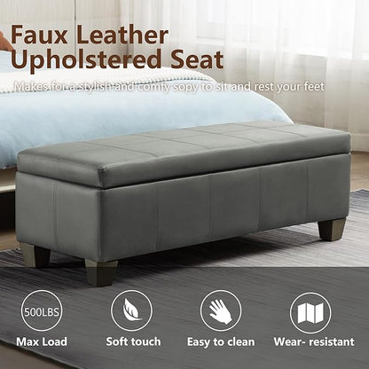 51 Inch Storage Ottoman, Storage Bench with Safety Hinge, Upholstered Synthetic Leather Ottoman Bench for Bedroom, Living Room, Entryway, Hallway, Foot Rest, Support 500lbs