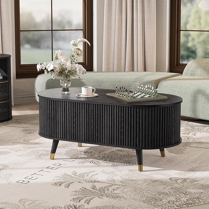 SULIVES Oval Coffee Table with Storage, Multifunctional Coffee Table with Lifting Top, Small Fluted Center Table for Living Room, Black