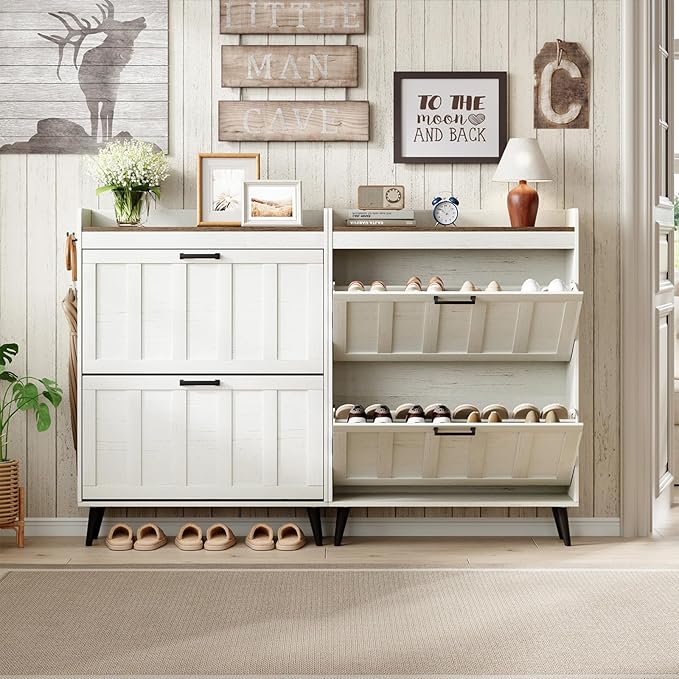 ChooChoo Shoe Storage Cabinet with 2 Flip Drawers, Farmhouse Shoe Organizer Storage for Entryway, Freestanding Hidden Slim Narrow Shoe Rack Cabinet, Antique White & Brown
