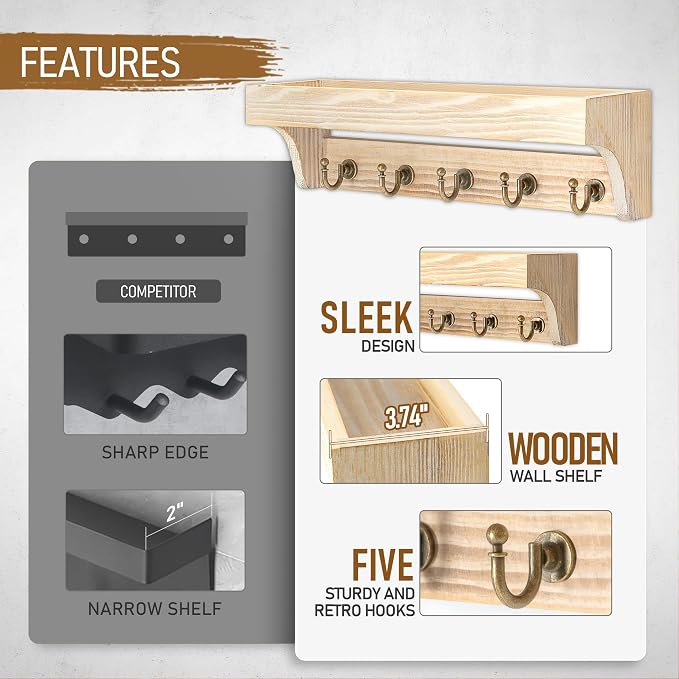 Rebee Vision Farmhouse Pine Wood Key Holder Wall Mount for Room Decor - Rustic Key Holder for Wall with Shelf for Small Plant and Cute Things - Ideal Entryway Organizer in House (Natural Wood)