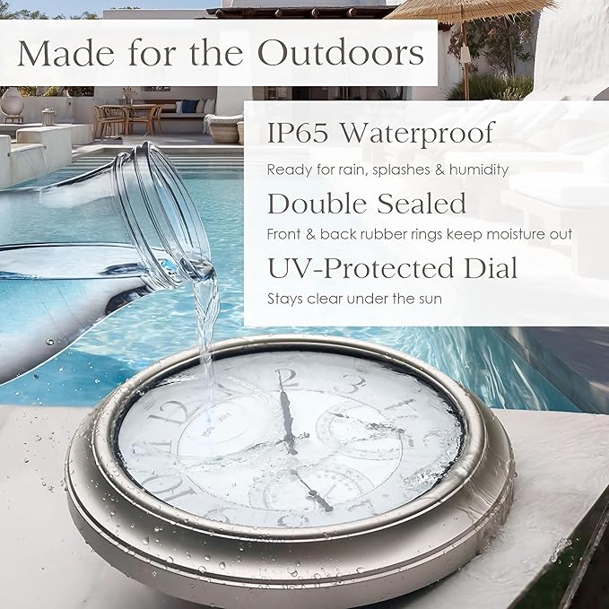 18" Illuminated in/Outdoor Clock with Smart Sensor and Night Light, Waterproof, Large Wall Clock with Thermometer & Hygrometer, for Garden,Pool and Patio Decor (Morning Silver)