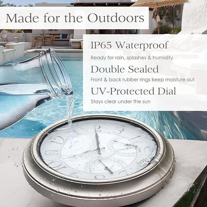 18" Illuminated in/Outdoor Clock with Smart Sensor and Night Light, Waterproof, Large Wall Clock with Thermometer & Hygrometer, for Garden,Pool and Patio Decor (Morning Silver)