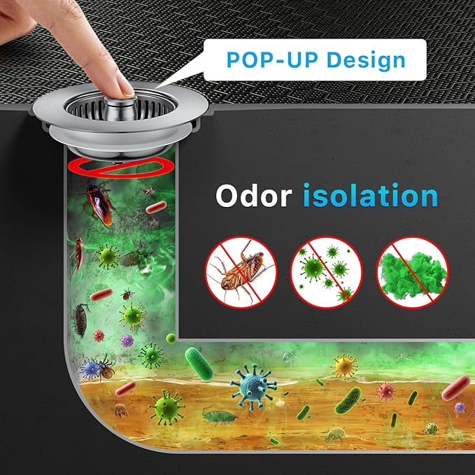 1S-Install Upgraded Kitchen Sink Strainer & Stopper – Pop-Up Fast Drain, Anti-Clog Basket & Deodorizing Cover – Fits US Standard 3.5 in Drain, 3 in 1 Stainless Steel Sink Drain Strainer (Snow)
