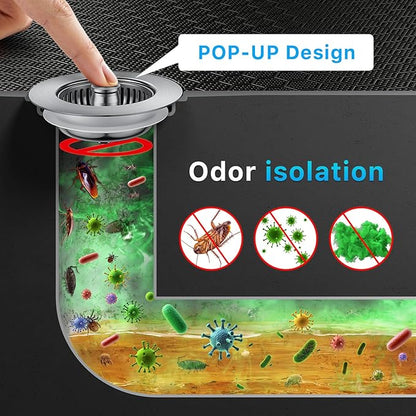 1S-Install Upgraded Kitchen Sink Strainer & Stopper – Pop-Up Fast Drain, Anti-Clog Basket & Deodorizing Cover – Fits US Standard 3.5 in Drain, 3 in 1 Stainless Steel Sink Drain Strainer (Snow)