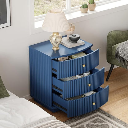 Dresser for Bedroom,3-Drawer Dresser, Mondern Wide Chest of Drawers with Fluted & Curved Design, Large Storage Chest for Bedroom, End Table for Living Rooms, （Blue）