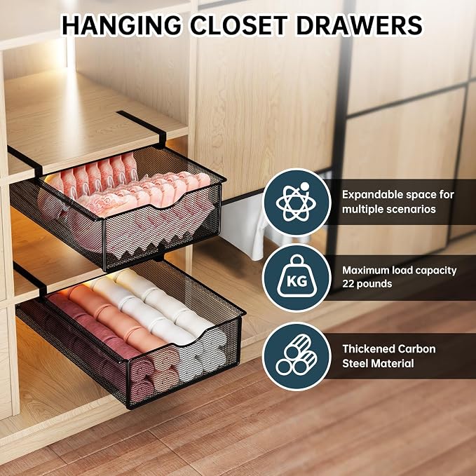 2 Pack Underwear Sock Drawer Organizer Set, Pull-Out Storage Baskets for Bra & Clothing, Closet & Dorm Room Organization Essentials(Black)