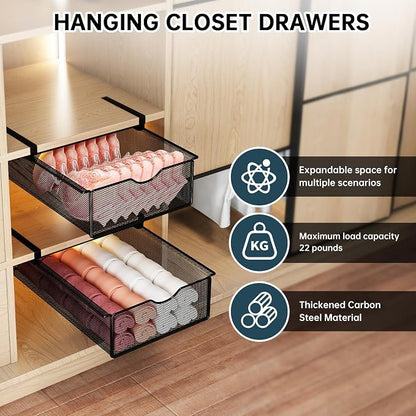 2 Pack Underwear Sock Drawer Organizer Set, Pull-Out Storage Baskets for Bra & Clothing, Closet & Dorm Room Organization Essentials(Black)
