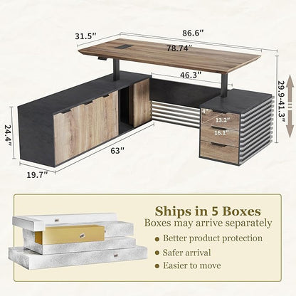 SAINTCY 86.61In L Shaped Executive Standing Desk with Drawers, Large Modern Adjustable Heigh Home Office Desk w/Universal Charging Ports, Business Workstation, Black and Warm Oak