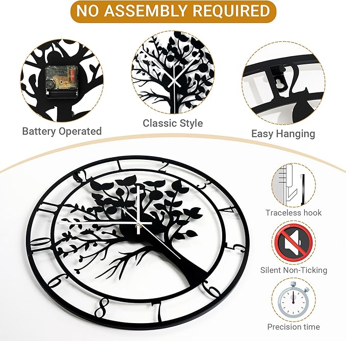 20inch/50cm Large Tree of Life Wall Clocks for Living Room Decor,Bedroom,Battery Operated Metal Big Decorative Silent Non Ticking Wall Clock for Farmhouse(Tree of Life, 20 inches)