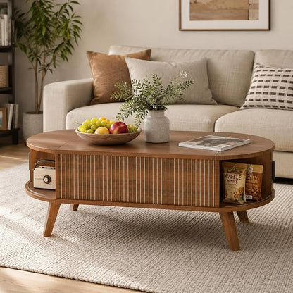 Oval Lift Top Coffee Table with Storage, 47.2" Mid Century Modern Fluted Coffee Table with Sliding Tambour Doors & Hidden Compartment, for Living Room Home Office, Walnut