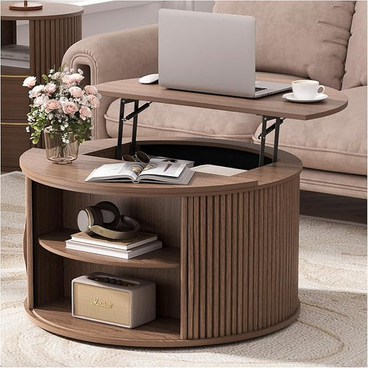 JOINICE 31.5" Round Lift Top Coffee Table, Mid Century Modern Walnut Center Table with Hidden Storage, Fluted Drum Wood Design for Small Living Room & Apartment