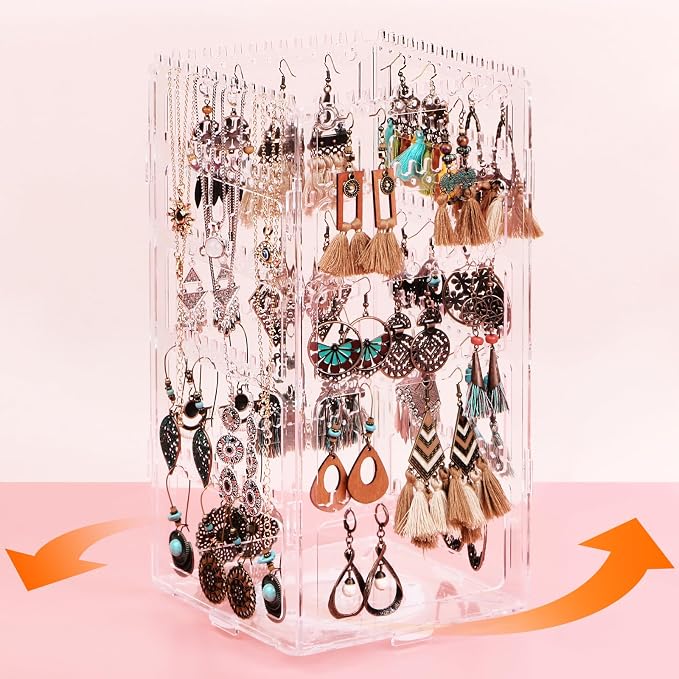 360° Rotating Jewelry Organizer Stand with 5 Layers,Acrylic Earring Holder Organizer Stand,212 Holes and 212 Grooves for Studs,Dangly Earrings,Chains,Bracelets,Necklace