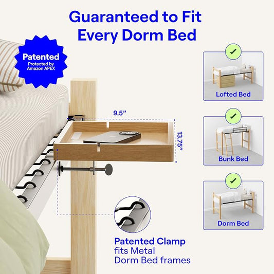 BedShelfie Wood Bedside Shelf for Bunk Bed & Top Bunk, College Dorm Room Essentials, Loft Nightstand, Floating Bed Side Table Tray Storage, Dorm Room Decor By Smallish - (DormEssential Wood, Natural)