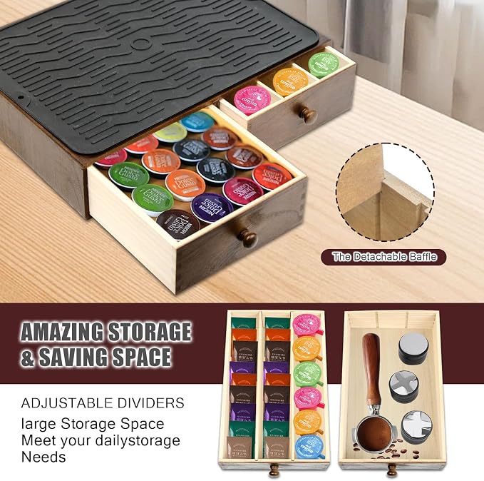 Coffee Pod Holder Storage, Wooden K Cup Organizer for Countertop, K Cup Drawer and Tea Organizer for Counter, Coffee Station Organizer with Silicone Non-Slip Pad (30 Pod Capacity)