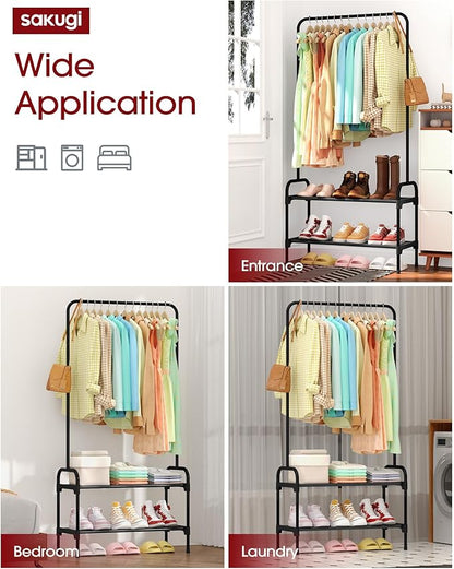 Clothes Rack - Clothing Rack with 2-Tier Shoe Rack and Anti-Slip Stopper, Shoe Organizer for Entryway, Bedroom, or Laundry, Black, 29" × 12.2" × 59.3"