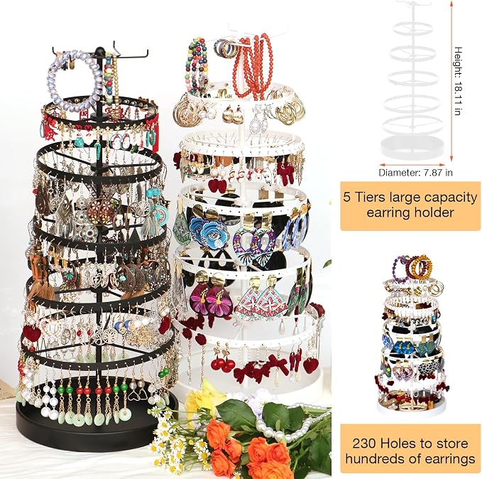 17Dec 6 Tier Rotating Jewelry Organizer Stand, 230 Holes Earring Holder Organizer for Women Girls, Spinning Earring Tree with Ring Holder, Wide Base for Bracelets Watches Lipstick