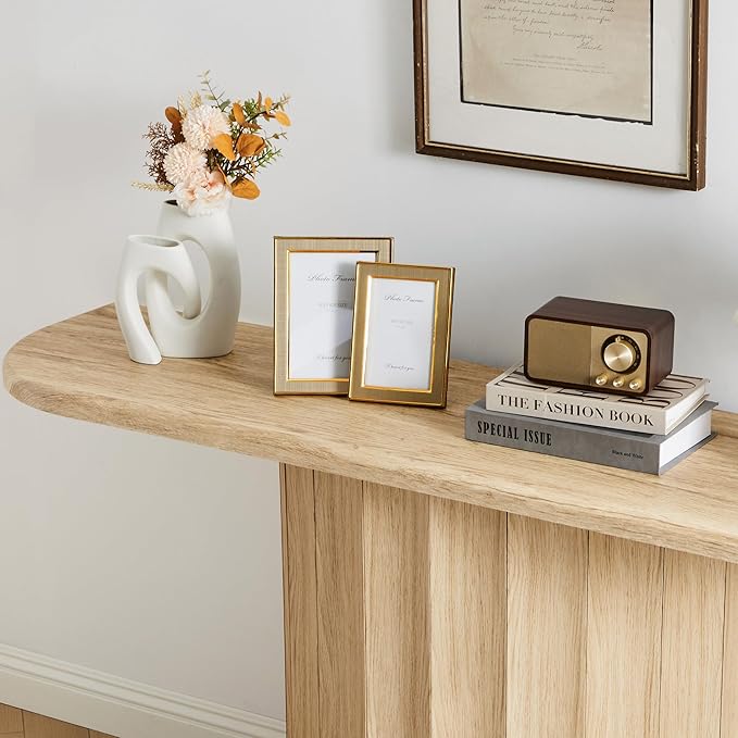 Fluted Console Table, 59'' Narrow Wooden Sofa Tables Behind Couch, Modern Entryway Table with Storage Curved Accent Table for Hallway, Living Room, Entrance, Foyer (Natural)