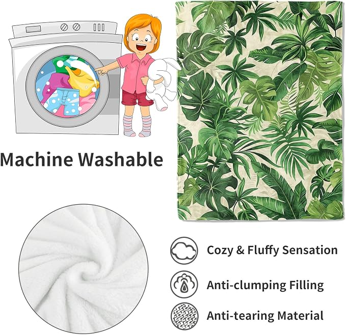 Tropical Green Leaves Blanket Lush Botanical Leaf Throw Blankets with Plant,Birthday Gifts for Girls Women & Nature Lovers,Lightweight Soft Fleece,for Sofa Couch Bed Room Decor 40x50in