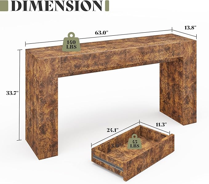 AMERLIFE 63" Burl Wood Console Table, Modern High Gloss Entryway Table with 2 Storage Drawers, Long Sofa Table Behind The Couch for Entrance, Hallway, Foyer, Living Room, Brown