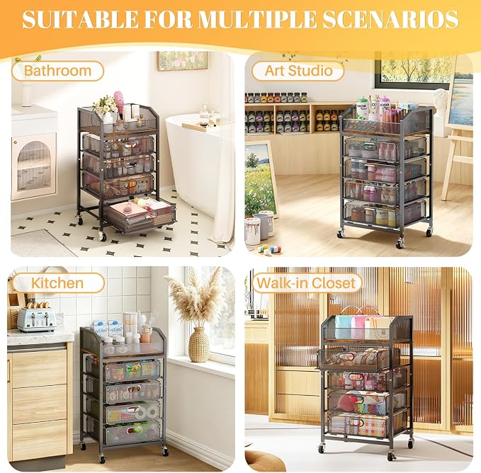 SUNALLY Makeup Organizer Cart with 4 Drawers, Rolling Makeup Storage Cart Metal Skincare Organizers, Large Vanity Storage Organizer Cosmetics Display Cases for Skin Care Perfume Nail Polish, Black