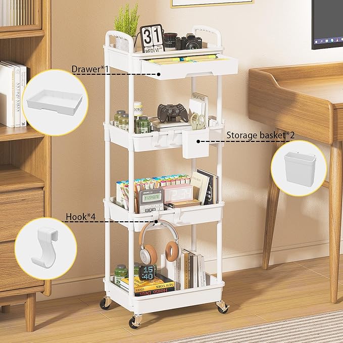 LLMRR 4 Tier Rolling Utility Cart with Drawer, Plastic Storage Organizer Rolling Carts with Wheels Handles Hanging Cups Hooks for Office, Bathroom, Kitchen,Craft Art Room (White)