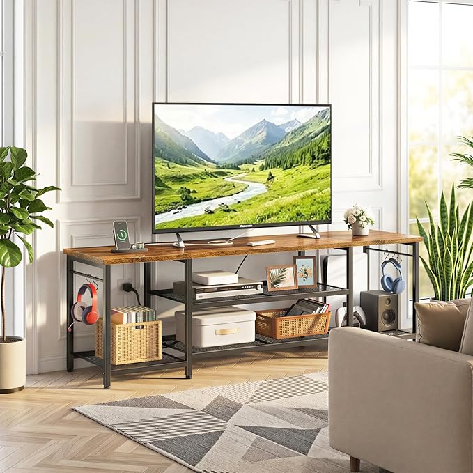 YGEOMER TV Stand for Up to 75 Inch TVs, Entertainment Center with Power Outlet and Open Storage Shelves, TV Media Console Table for Living Room and Bedroom, Rustic Brown