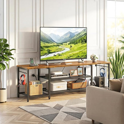 YGEOMER TV Stand for Up to 75 Inch TVs, Entertainment Center with Power Outlet and Open Storage Shelves, TV Media Console Table for Living Room and Bedroom, Rustic Brown