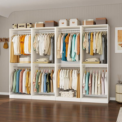 Closet System with 12 Hanging Rods& Shelf , 8FT Small Closet Organizer System Wood with Extra Side Hanging Rod for Walk in Closet Storage, Modular Closet Systems, White(8FT)