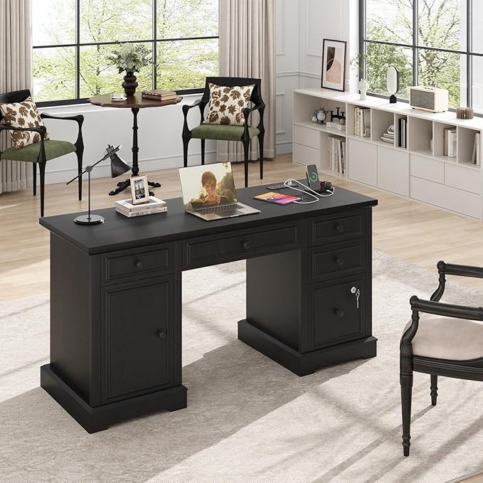 Vipbear 59" Executive Desk, Farmhouse Computer Desk with Drawers, Lockable File Drawer, Storage Cabinet & Power Outlet, Rustic Home Office Desks, Workspace for Work Study Writing, Black