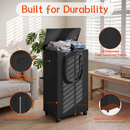 Slim Laundry Hamper with Wheels,20 Gal (75L) Rolling Laundry Basket with lid and wheels Clothes Hamper Foldable Tall Dirty Clothes Basket Sturdy Collapsible Clothes Hamper for Dorm,Laundry Room