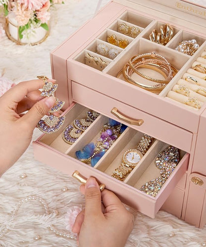 Jewelry Box with 4 Drawers : Display Organizer for Earrings Necklaces - Christmas Gifts for Girls Women (Peach Pink)