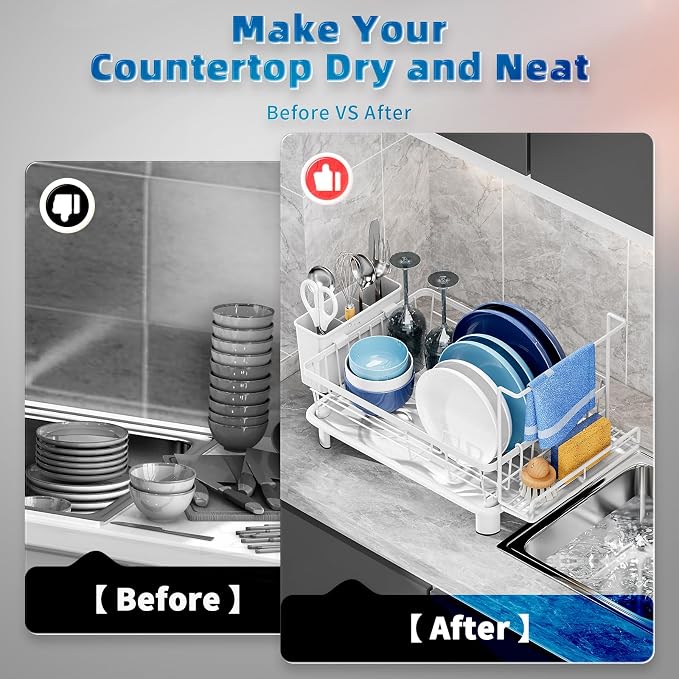 Dish Drying Rack, Stainless Steel-Dish Rack, Dish Racks for Kitchen Counter, Kitchen Dish Drainers with Removable Utensil Holder,New drain outlet,Plate Rack and Drainboard,(white 2 with Sponge Rack)