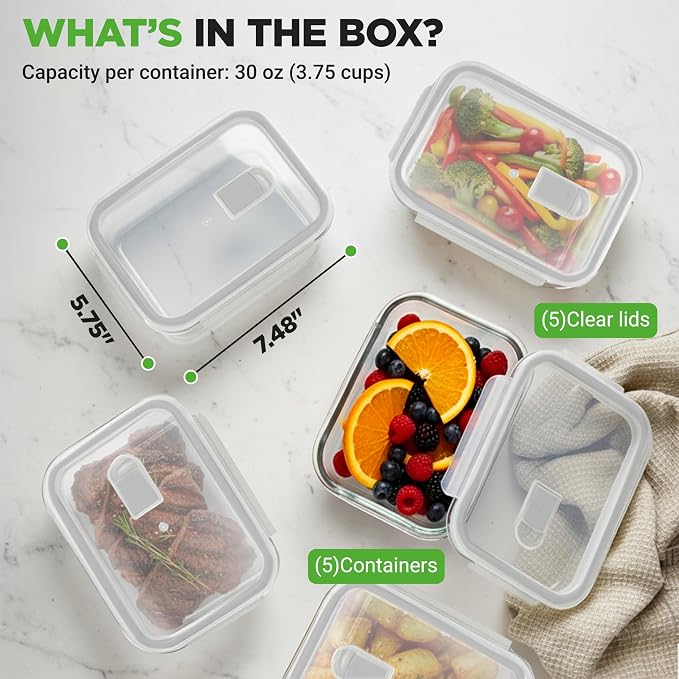NutriChef 10 Piece Glass Food Storage Containers with Lids – 30 oz Meal Prep Containers Reusable – Airtight Glass Lunch Containers for Food Storage – Freezer to Oven Safe - Gray