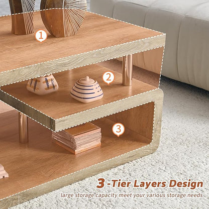 43.5" Coffee Table, 3-Tier Modern Center Table with Storage, Large Wood Coffee Table for Living Room, Office, Apartment (Retro Wood Grain)