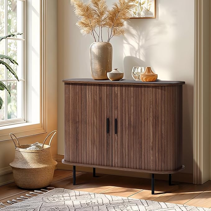 LuxenHome Sideboard Buffet Cabinet with Storage, 35" Walnut Mid Century Modern Accent Cabinet, Sliding Door Entryway Small Storage Cabinets for Kitchen, Living Room, Entryway