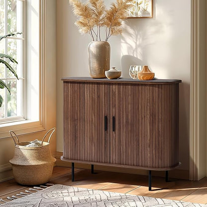 LuxenHome Sideboard Buffet Cabinet with Storage, 35" Walnut Mid Century Modern Accent Cabinet, Sliding Door Entryway Small Storage Cabinets for Kitchen, Living Room, Entryway