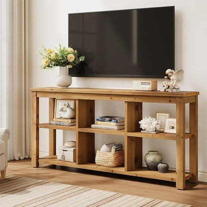63-Inch Solid Wood Console Sofa Table, 3-Tier Narrow Farmhouse Entryway Table with 6 Storage Cubes for Living Room, Hallway, Brown
